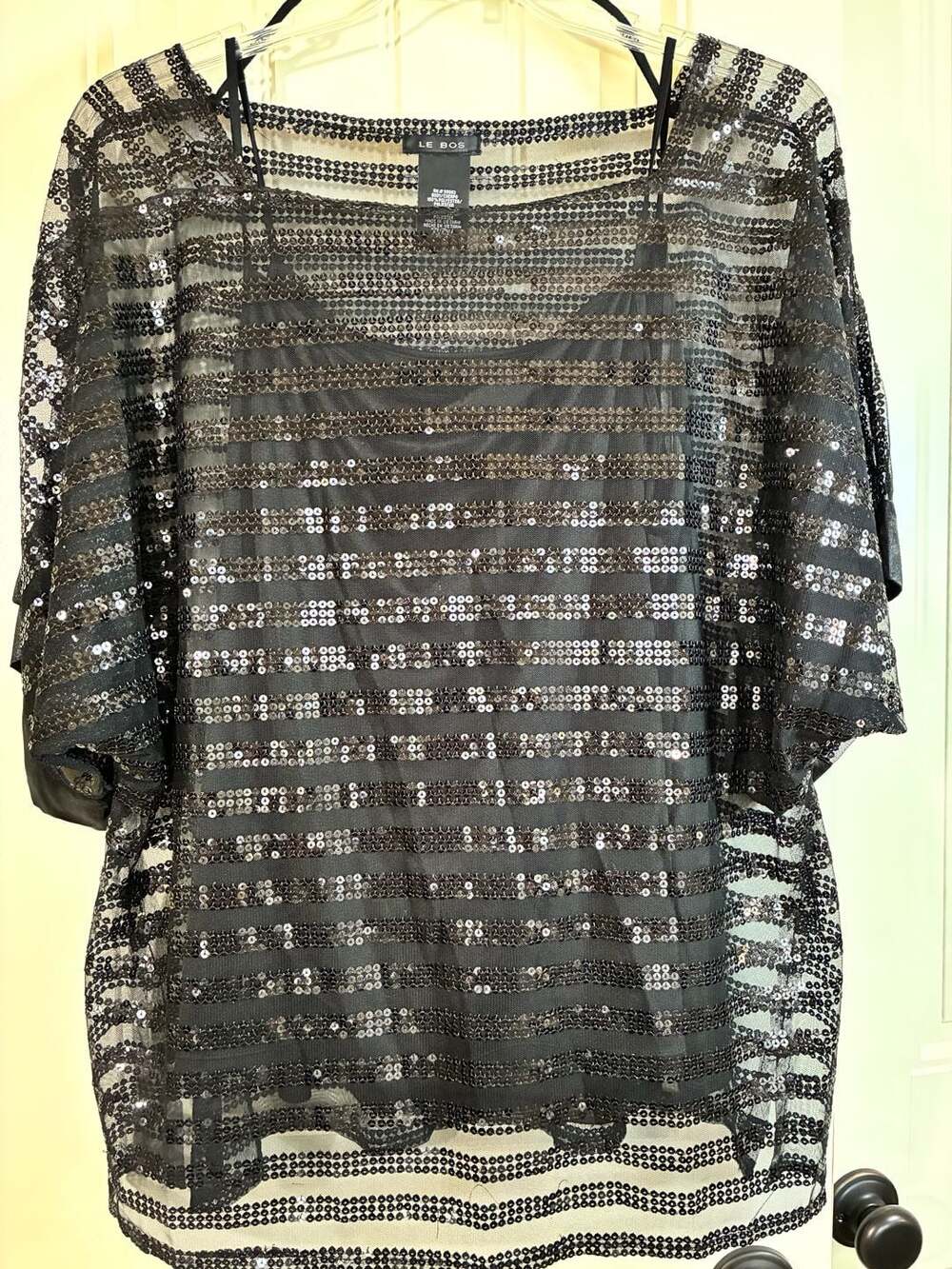 LE BOS Black Sequin Striped Overlay Short Sleeve Top Size 18W